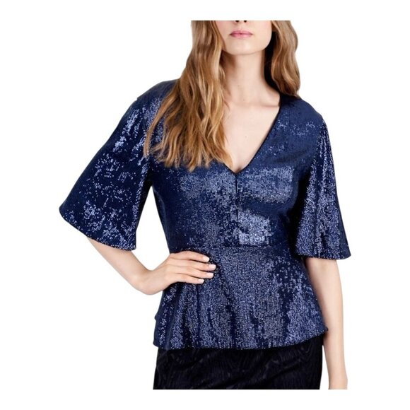 Rachel Zoe Clover Baby Doll Sequin Blouse Top Size 6 Navy Blue V-Neck NWT - Picture 1 of 11